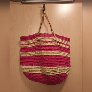New Merona Large Pink & Beige Striped Paper Straw Shoulder Tote Beach Bag